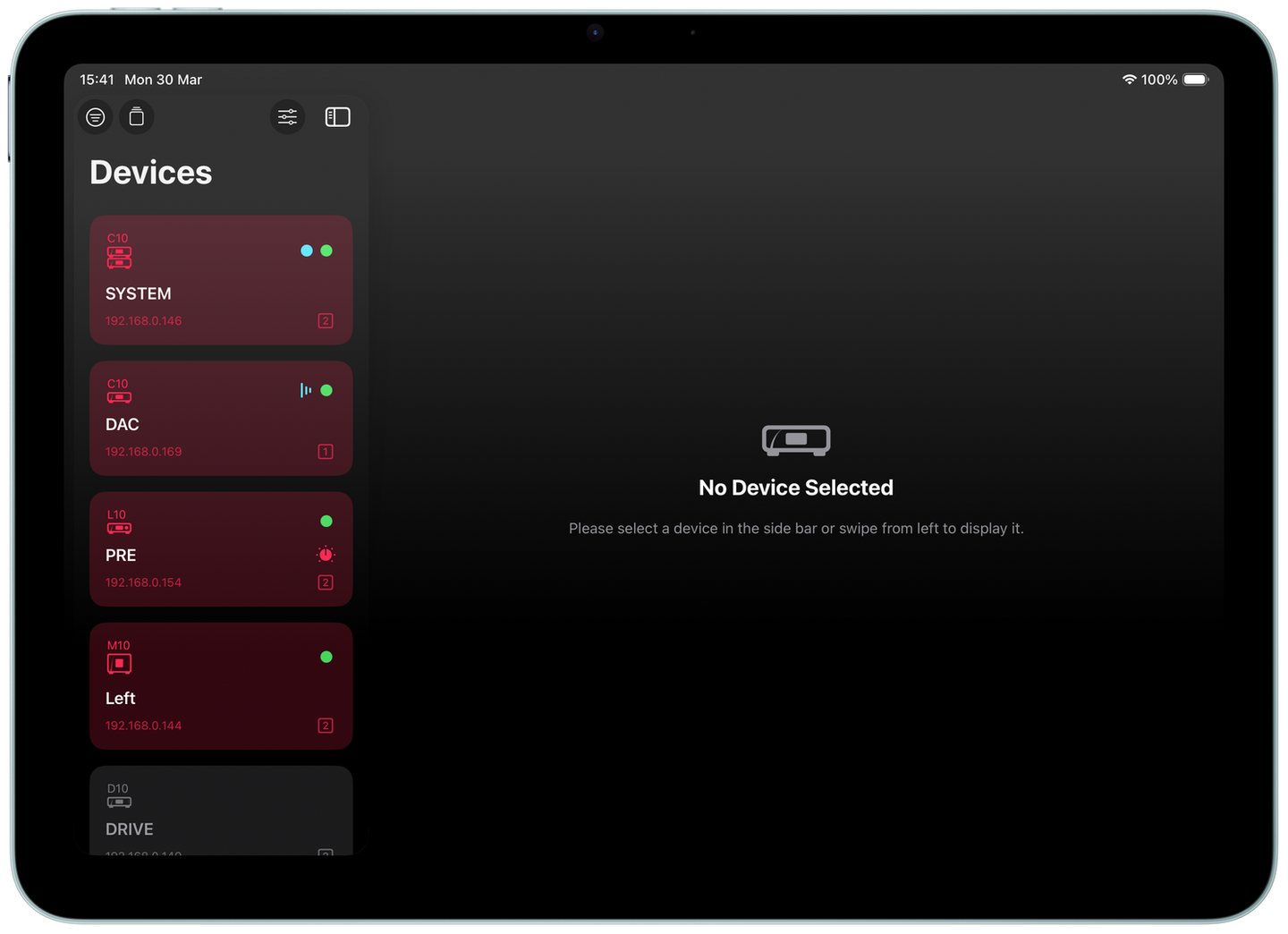 The CH Controller app on iPad with the list of all devices displayed on the welcome screen