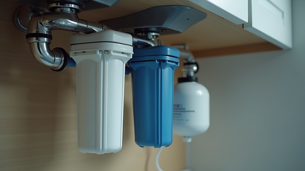 Close-up view of a water filtration system installed under a kitchen sink