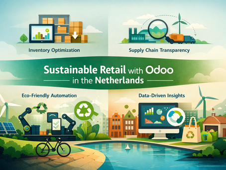Infographic highlighting key sustainable retail practices with Odoo software in the Netherlands, featuring inventory optimization, supply chain transparency, eco-friendly automation, and data-driven insights.