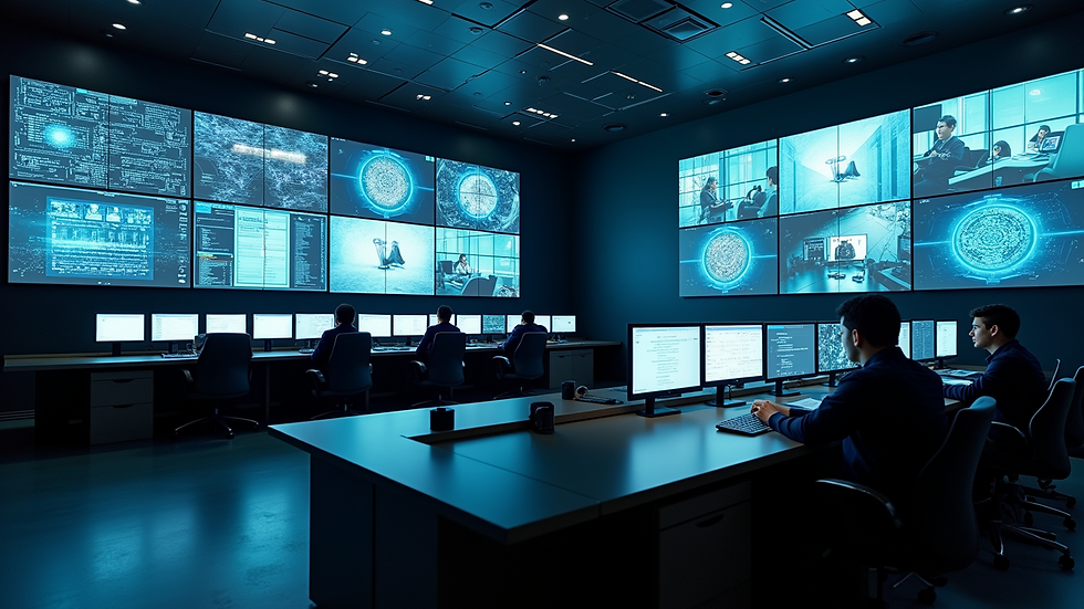 High angle view of a control room with multiple security monitors