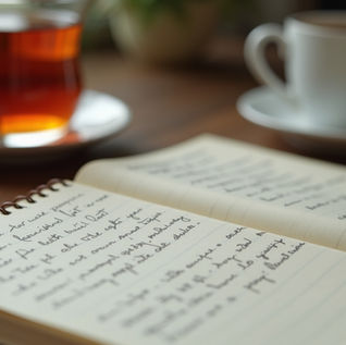 A notebook and a cup of tea.