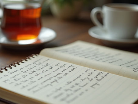 A notebook and a cup of tea.