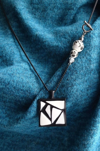 Thumbnail: Necklace - square micro-mosaic black pendant - black & white geometry
