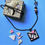 Thumbnail: Necklace - square micro-mosaic black pendant - pink roses