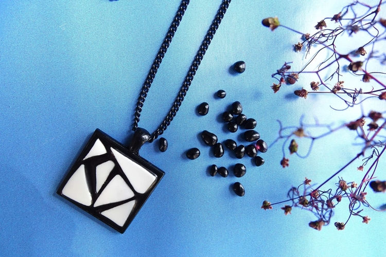 Thumbnail: Necklace - square micro-mosaic black pendant - black & white geometry