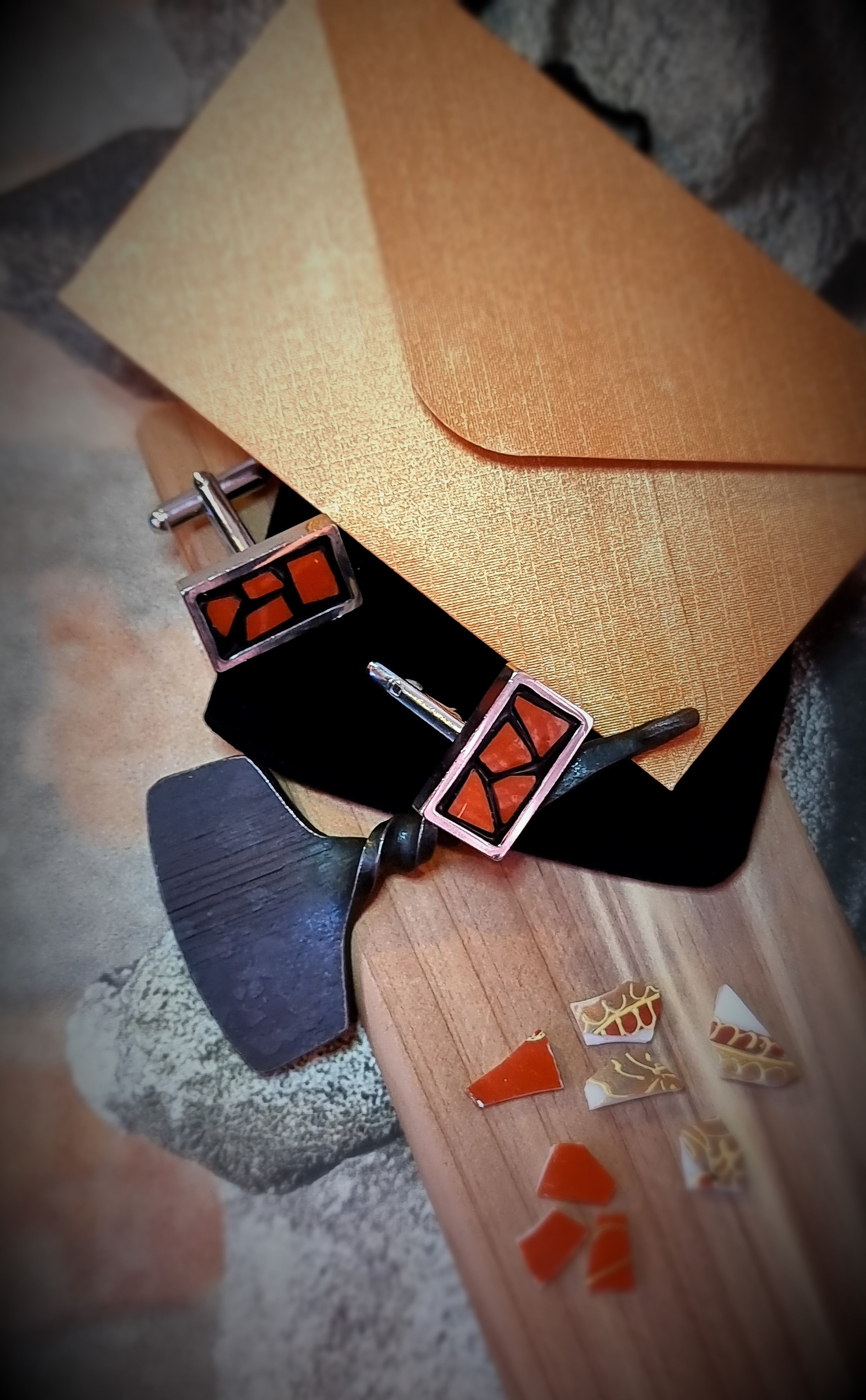 Cufflinks - Micro-mosaic set in rectangular rhodium plated bases - orange