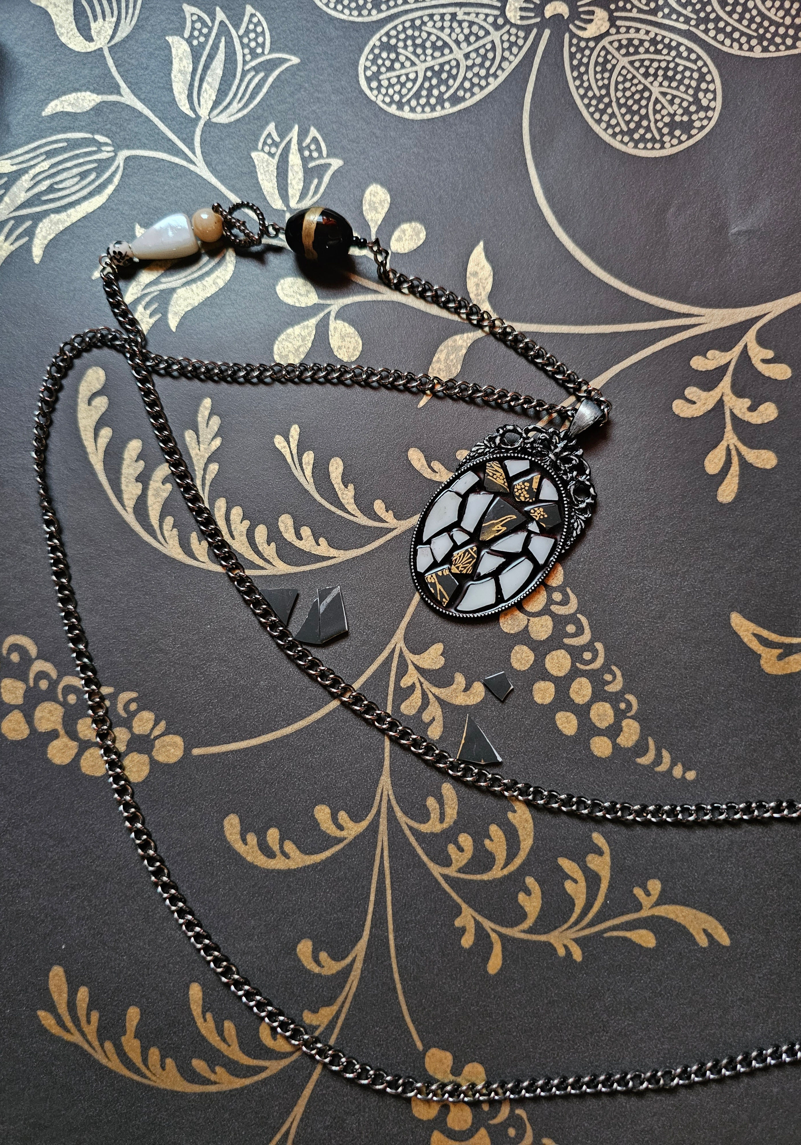 Necklace - oval filigree black pendant - black, white
