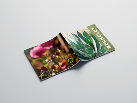 Open booklet facing down, showing its front and back cover designs. Front cover features a large, beautiful green agave plant with the city name of Berkeley across the side. The back cover features a close up of rose buds and opened roses in the background during golden hour.