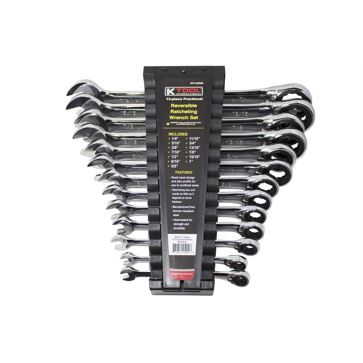 K Tool International Wrench Set 13 Piece SAE Ratcheting Reversible