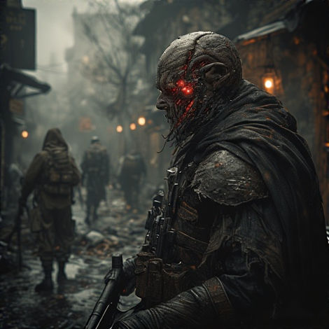 Scarred warrior with glowing red eyes holding weapon in dark, desolate street.