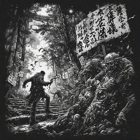 Warrior climbs dark forest stairs past large Japanese text sign.
