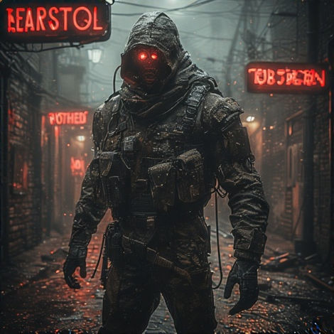 Hooded figure, glowing red eyes, "BEARSTOL" "FOXTROT" "TOPGUN" in dark alley.
