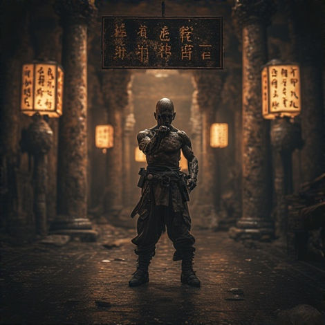 Bald warrior in ancient temple archway, glowing lanterns, and Asian script.