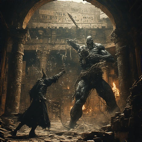 Massive monster fights dark warrior with sword inside crumbling ancient temple.