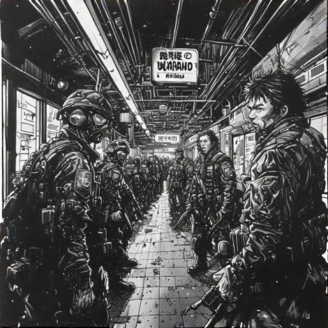 Armed soldiers face off in a dark, gritty subway station, EXIT TO PLATFORM.