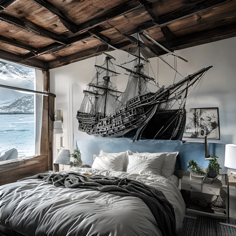 Bedroom with large galleon model above bed, window overlooks snowy landscape.