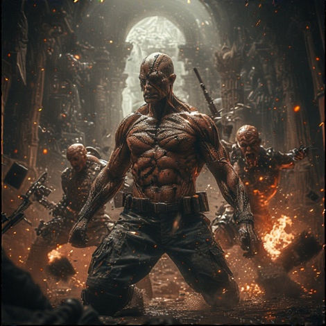 Muscular bald warrior leads figures through fiery, chaotic battle scene.