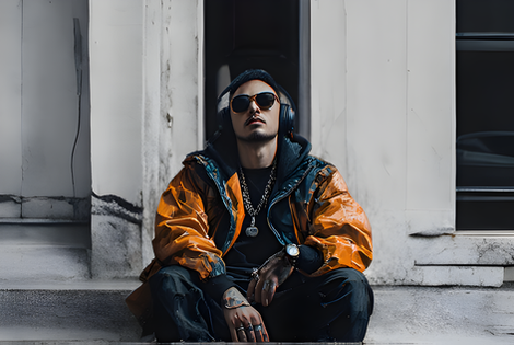 Man in orange jacket, beanie, sunglasses, headphones sitting on steps