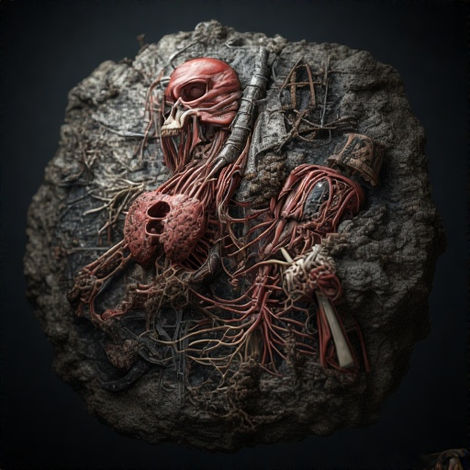 Intricate red organic skull and creature from veins on dark rock.