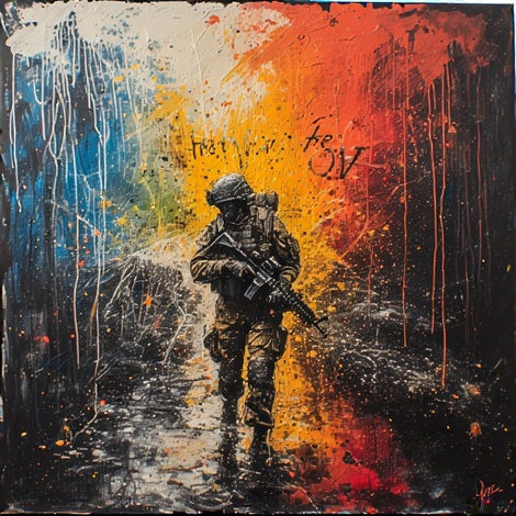 Soldier in camouflage with rifle, "the OV", amidst colorful abstract paint splashes.