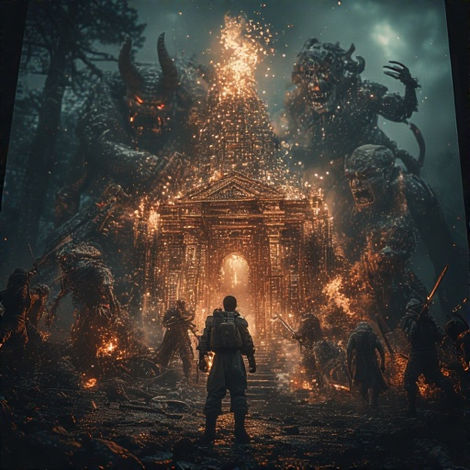 Soldier faces fiery, crumbling temple as giant monsters emerge.