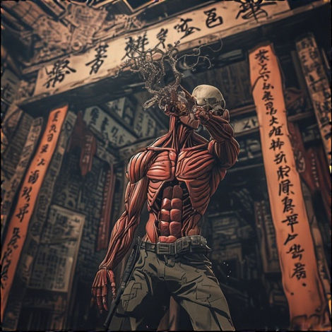 Exposed muscle creature holding skull under dark archway with Chinese script.