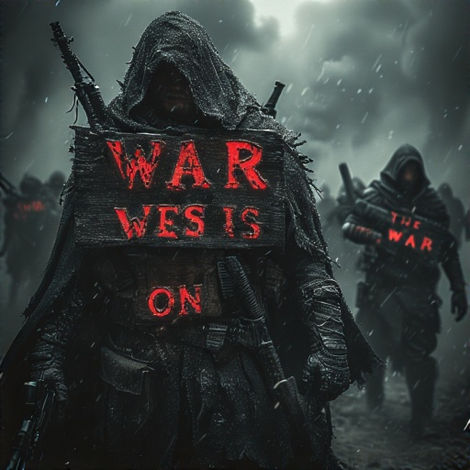Hooded figure, 'WAR WES IS ON' sign, 'THE WAR' banner, marching in snow.