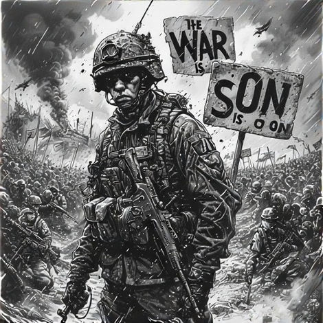 Weary soldier, "THE WAR IS", "SOON IS ON" signs, amidst battlefield chaos.