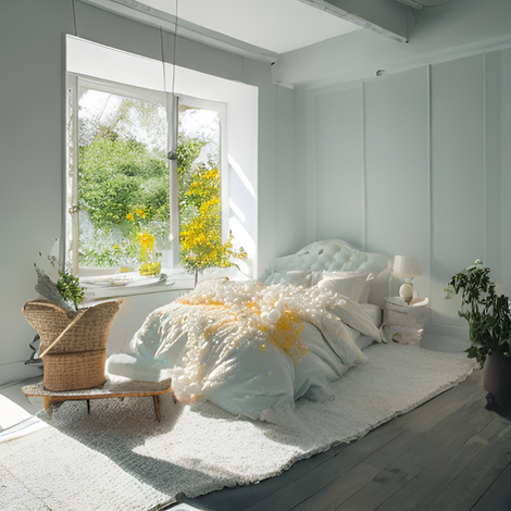 Bright bedroom with large window overlooking green and yellow garden.
