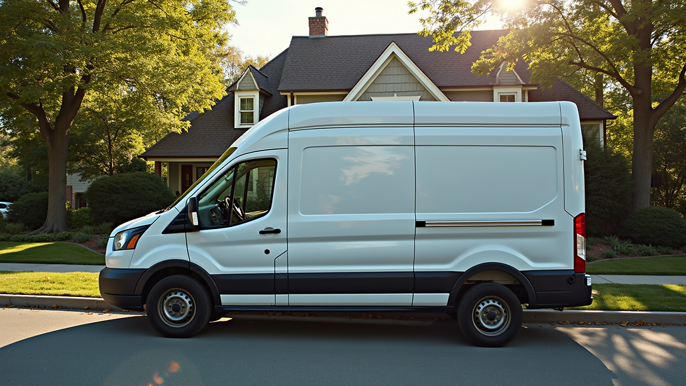 High angle view of a mobile screen repair van parked outside a residential home