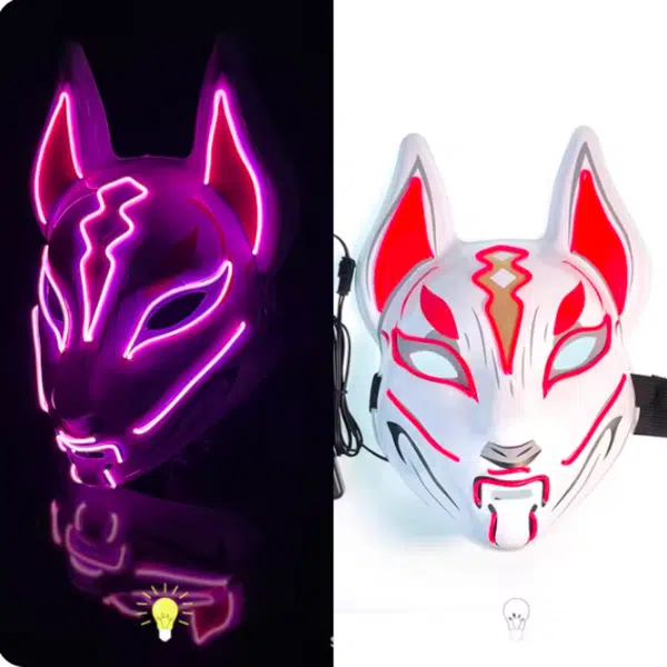 מסכת פוקס יפנית אנימה עם תאורת LED ניאון לליל כל הקדושים