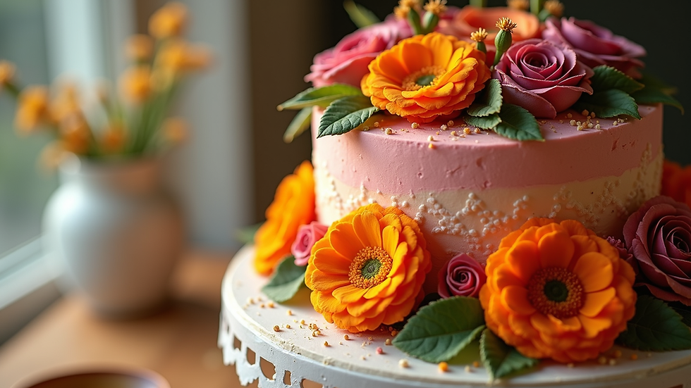 Eye-level view of a colorful floral custom cake with marigold and rose decorations