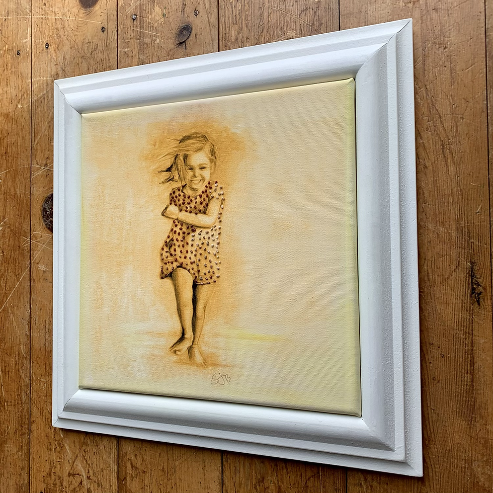 Thumbnail: Happy A framed print with embroidery detail