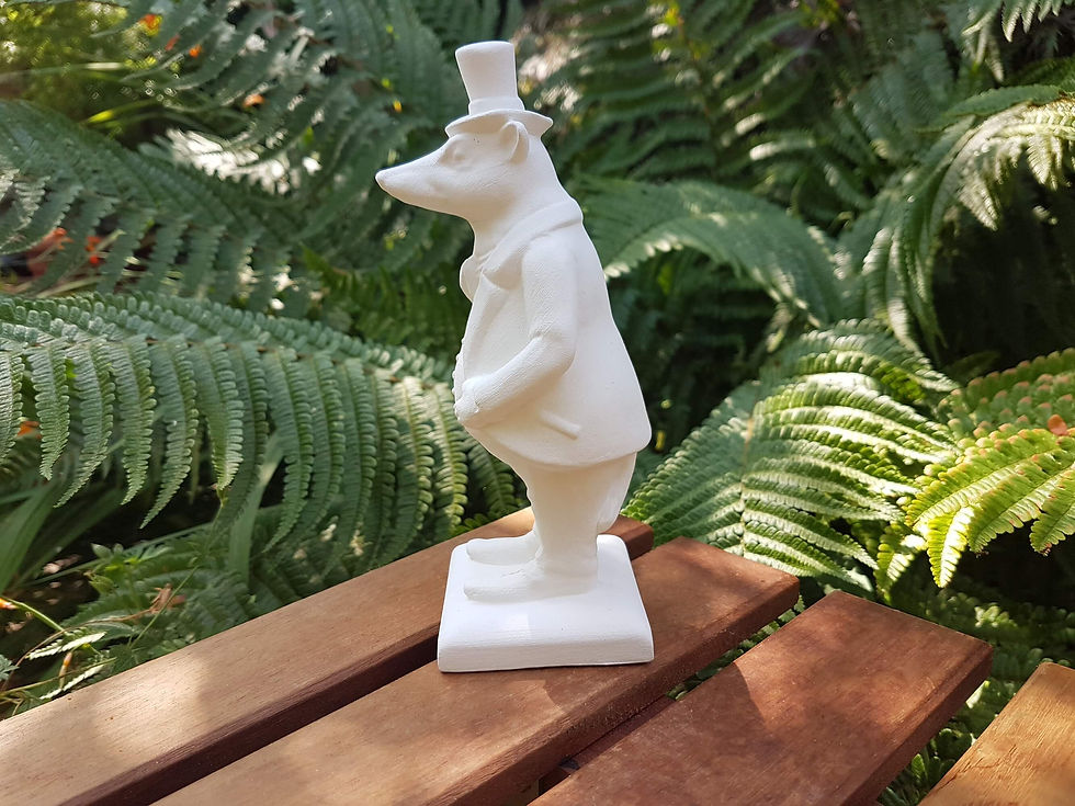 Thumbnail: Ceramic bisque Wind in the Willows Badger sculpture trail figure left side view