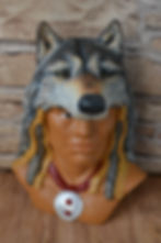 Hand Painted ceramic native American male warrior with wolf headdress figure front view