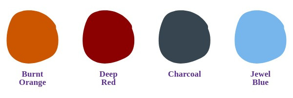 Colour palette inspired a peacock butterfly. Burnt orange, deep red, charcoal and jewel blue