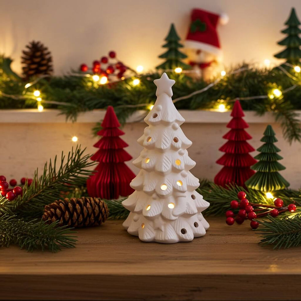 Thumbnail: Ceramic bisque Christmas tree tealight holder lit with Christmas decorations surrounding