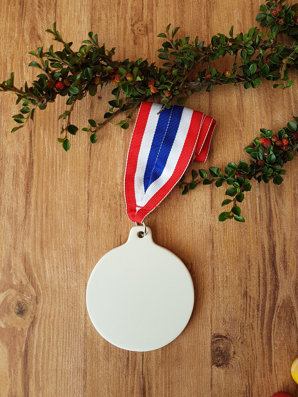Thumbnail: Ceramic round disc medal with red, white and blue ribbon