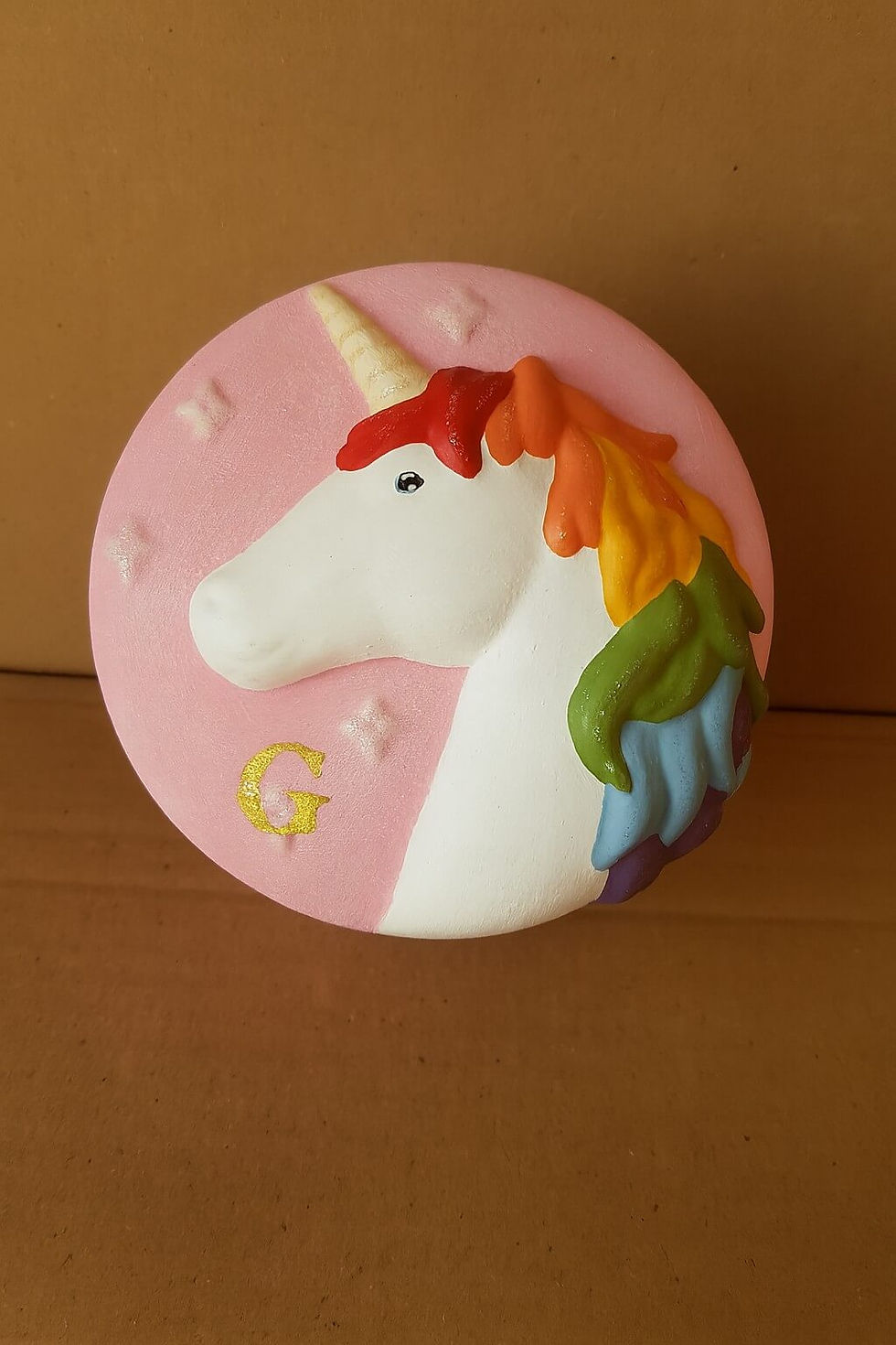 Thumbnail: Hand painted unicorn ceramic trinket box with personalised initial