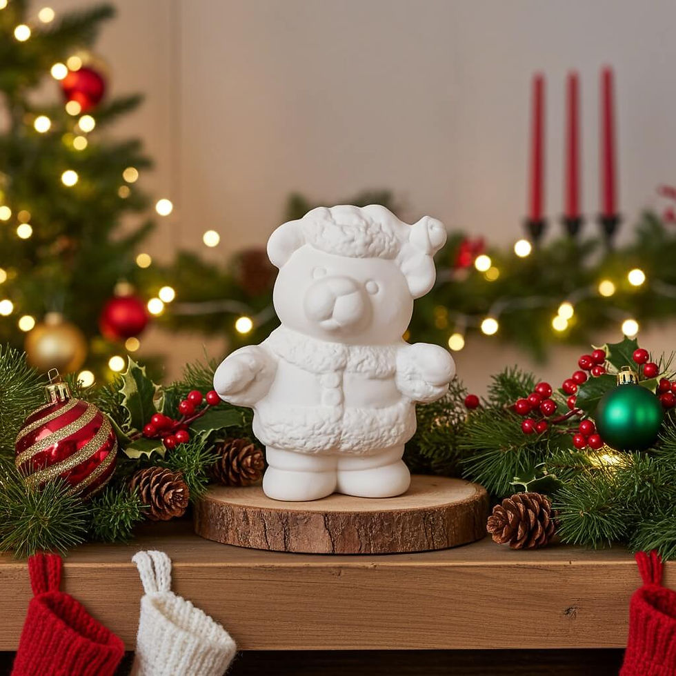 Ceramic Santa bear figure on Christmas decorated coffee table