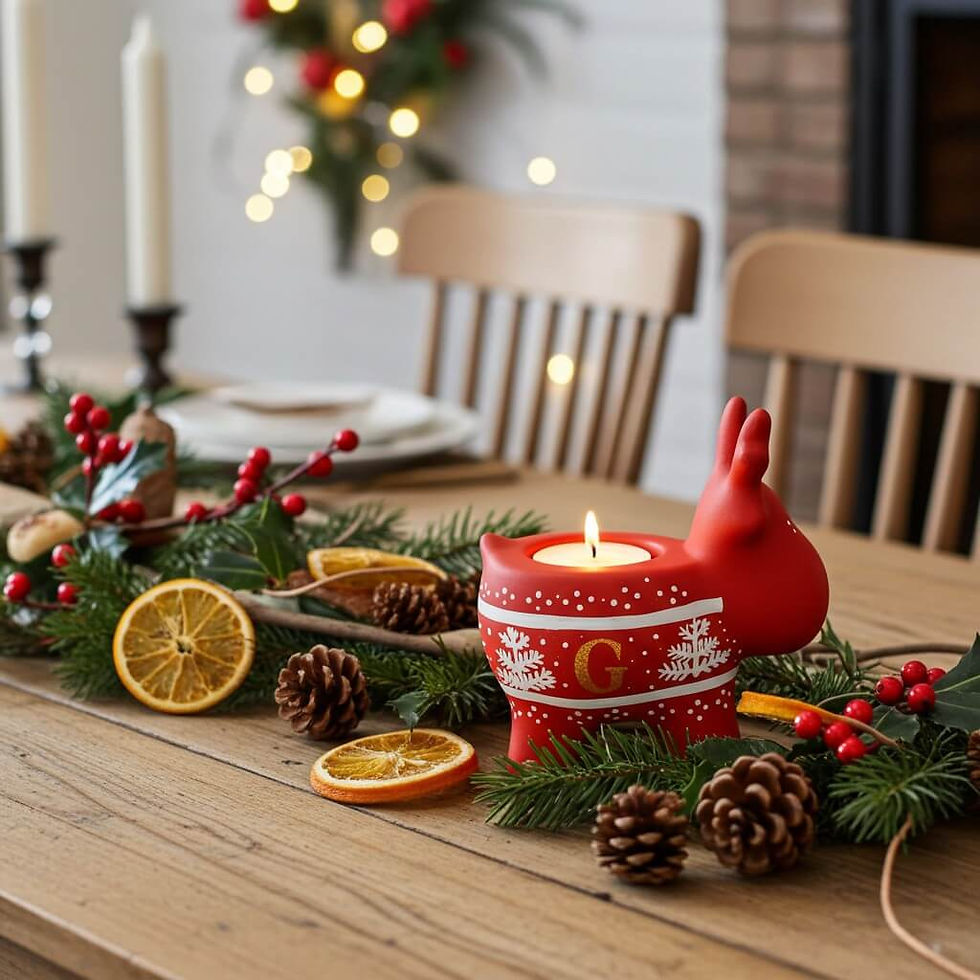 Thumbnail: Hand painted Christmas reindeer ceramic tea light holder with tealight on Christmas table