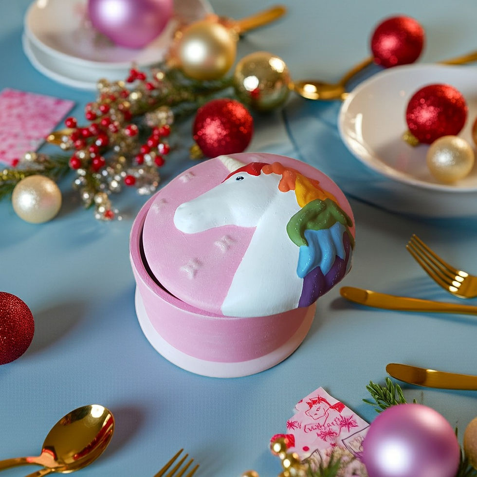 Thumbnail: Hand painted unicorn ceramic trinket box with personalised initial on Christmas table