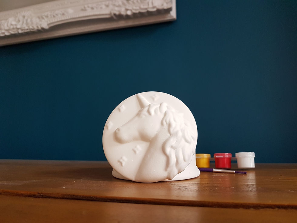 Thumbnail: Ceramic round unicorn trinket box with strip of different coloured paints