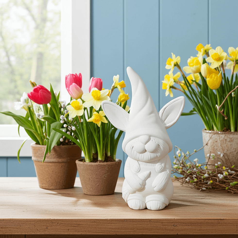 Thumbnail: Ceramic bisque rabbit gonk gnome figure on shelf with plant pots and flowers
