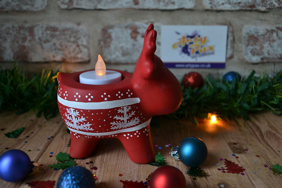 Thumbnail: Hand painted ceramic red reindeer tealight holder in fair isle design side view with tealight in