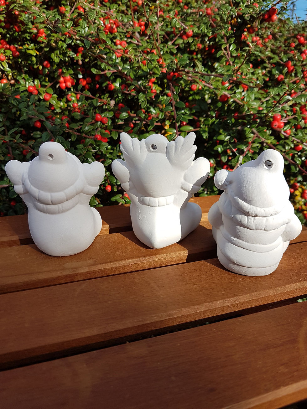 Thumbnail: Set of 3D Santa, reindeer and snowman ceramic bisque Christmas tree baubles back view