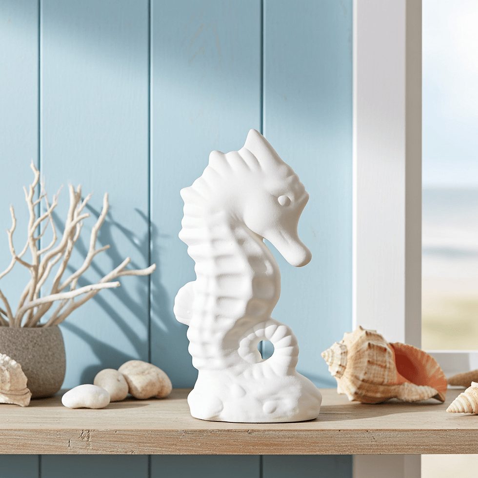 Thumbnail: Ceramic bisque seahorse figure on a beach hut shelf with shells and sand
