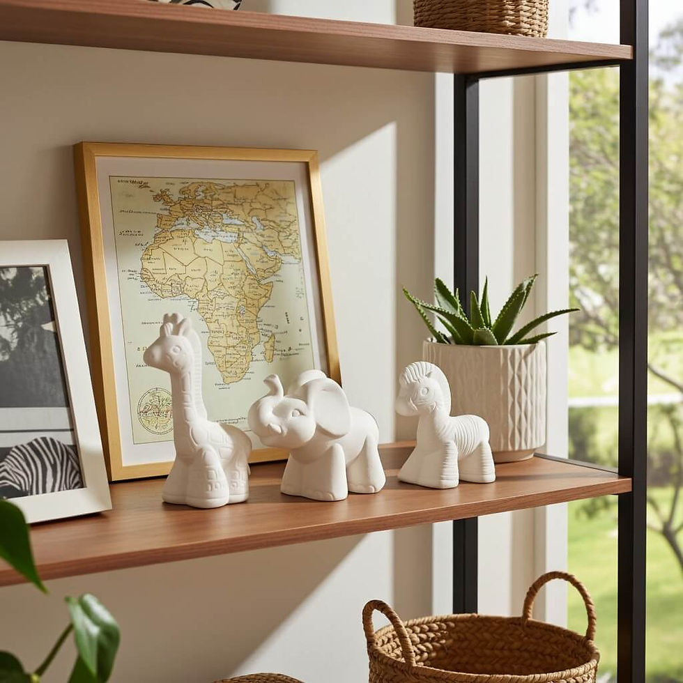 Thumbnail: Ceramic bisque African animal trio figures (giraffe, elephant and zebra) on a shelf with travel decor