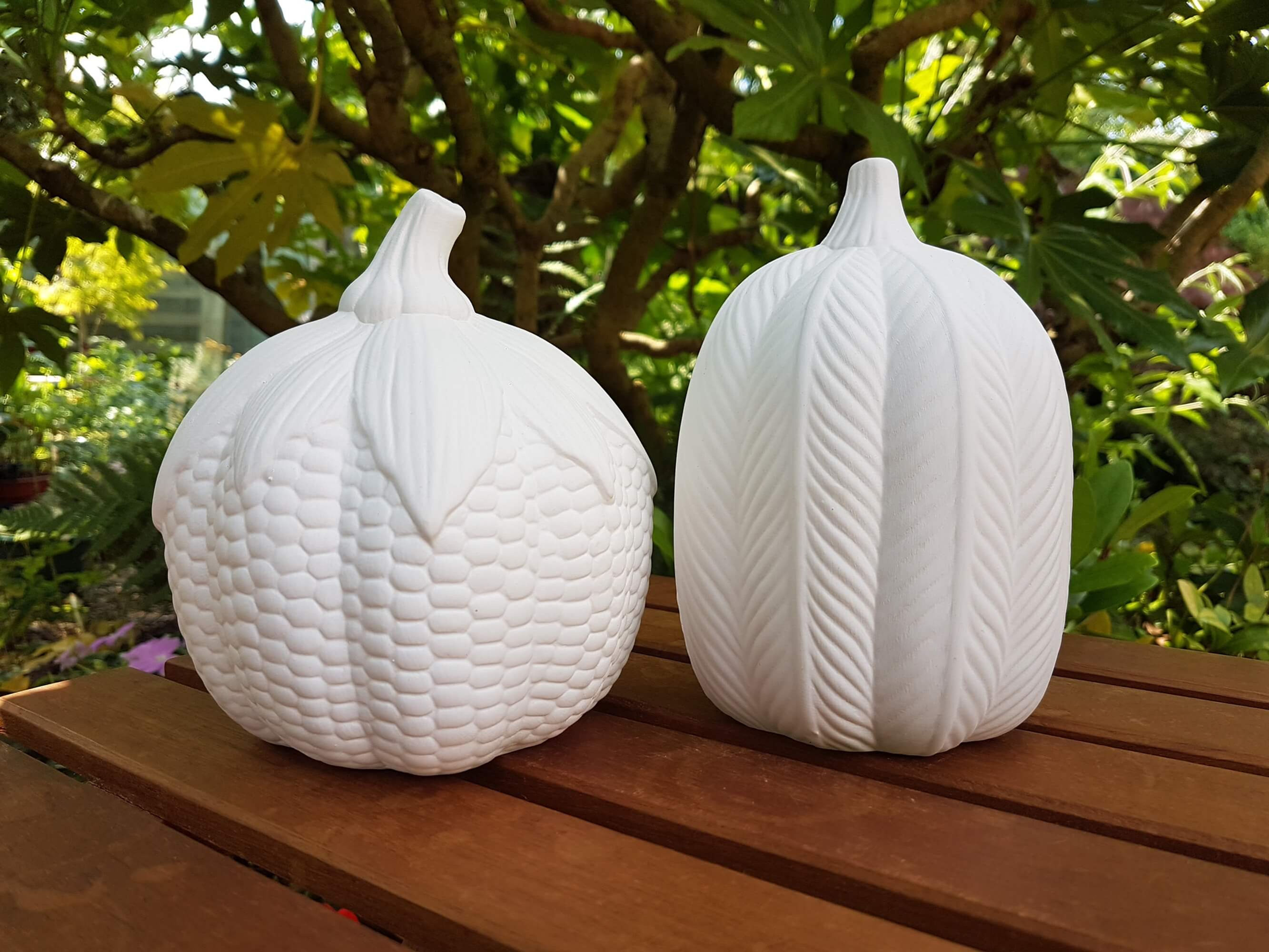 Ceramic bisque pumpkin pair, short corn and tall knitted front view in garden