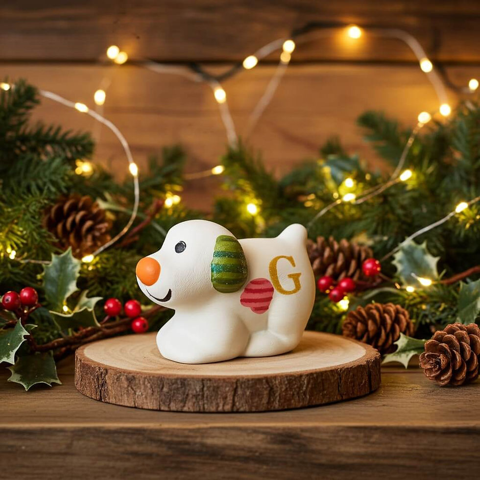 Thumbnail: Hand painted snowy dog ceramic figure with personalised initial on wood slice with Christmas decorations